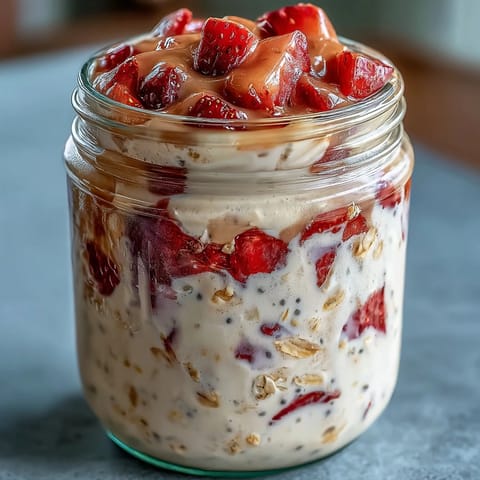 Creamy strawberry protein overnight oats layered with fresh berries and chia seeds in a glass jar.  