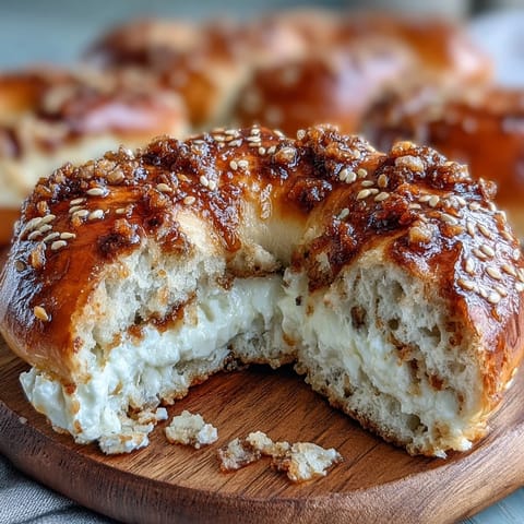 High-protein cottage cheese bagels with a glossy finish, topped with sesame seeds for extra crunch.