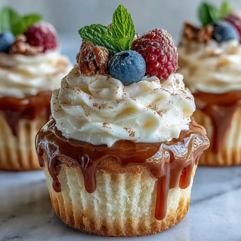 Sweet and creamy tres leches cupcakes topped with whipped cream, garnished with cinnamon and berries.