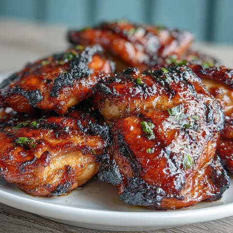 Grilled honey garlic chicken thighs with a glossy, caramelized glaze, perfect for summer BBQs.