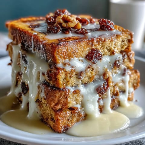 Easy Capirotada with Cinnamon, Piloncillo, and Raisins: golden toasted bread layered with sweet piloncillo syrup, cinnamon, raisins, and melty cheese in a comforting Mexican dessert.