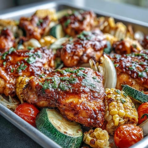 Sheet Pan Chicken with Zucchini and Corn: juicy roasted chicken surrounded by sweet corn, tender zucchini, and vibrant cherry tomatoes.
