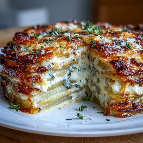 Creamy scalloped potatoes with Gruyere cheese, baked to golden perfection with layers of tender Yukon Gold potatoes in a rich garlic cream sauce.  