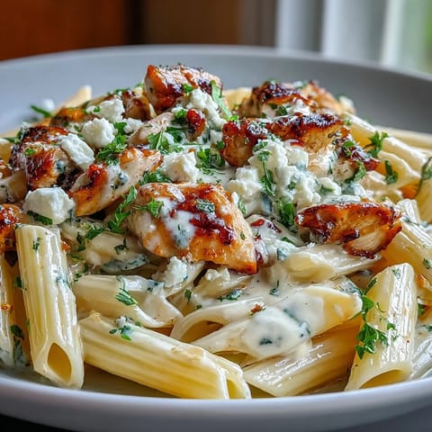 Creamy Lemon Feta Chicken Pasta served in a bowl, penne coated in silky sauce with tender chicken, feta crumbles, and fresh parsley garnish.