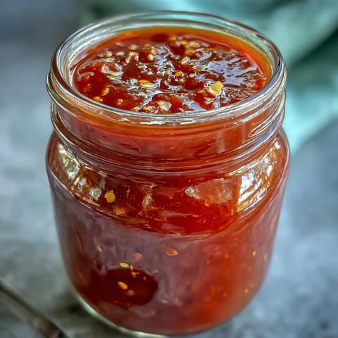 Homemade fermented hot sauce in a glass bottle, showcasing a rich red hue and bold, tangy aroma from chili peppers and garlic.