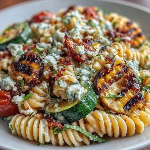 Smoky Pasta Salad with Grilled Zucchini and Sweet Corn, topped with crumbly Cotija.