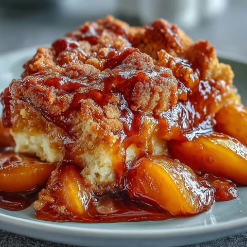 Golden Peach Cobbler with thick, tender biscuit topping, bubbling with warm fruit.