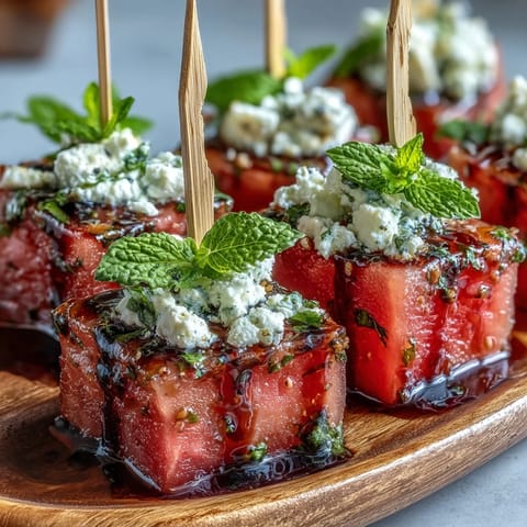 Vibrant watermelon feta bites skewers, perfect chilled appetizer for any gathering.