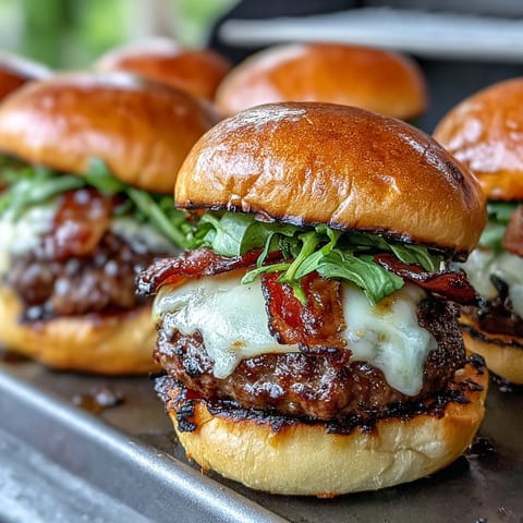 Deliciously grilled bacon burger sliders, hot and ready for Father's Day feasting.