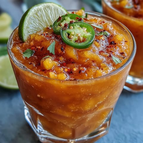 Fruity Spicy Mango Margarita Slushie garnished with spice and lime.