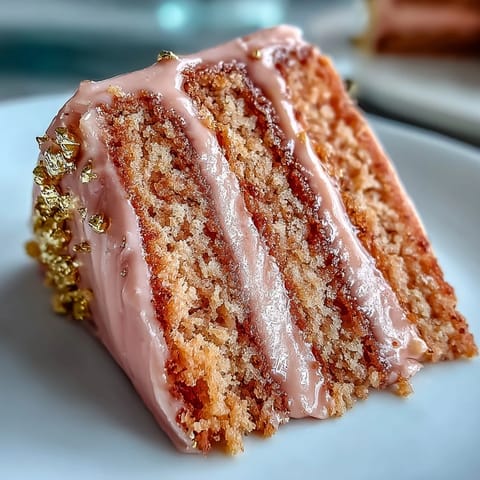 Luscious Rosé Velvet Cake, boasting a smooth cream cheese frosting and decadent gold accents.