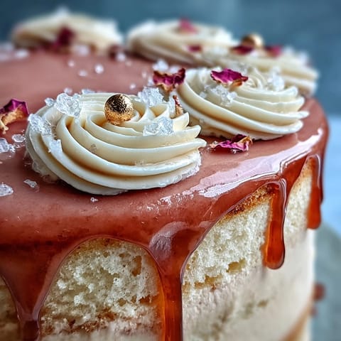 Elegant pink velvet cake with delicate rosé wine flavor, topped with shimmering gold drip.