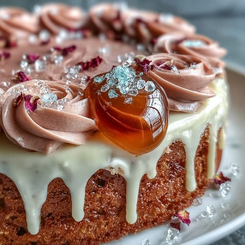 Bridal shower specialty rosy velvet cake featuring a luxurious, edible gold drip finish.