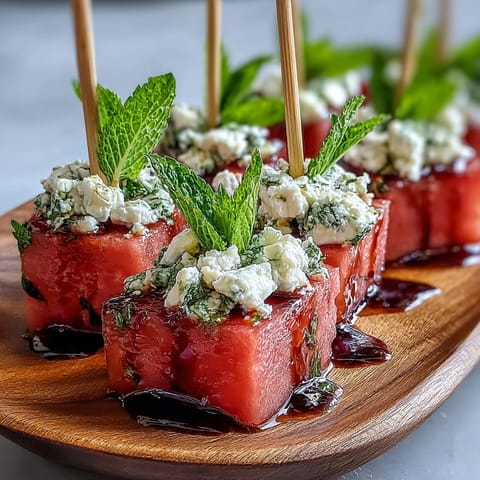 Refreshing Watermelon Feta Bites on toothpicks, a colorful, easy appetizer.