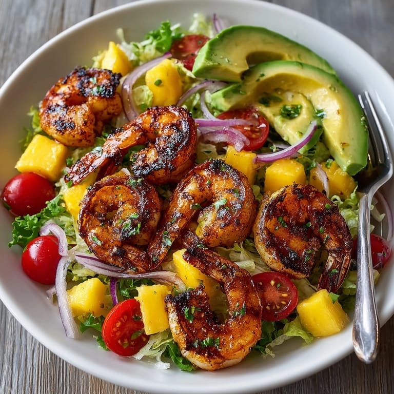 Close-up shows juicy grilled shrimp and mango salad, ready to be drizzled with lime dressing.