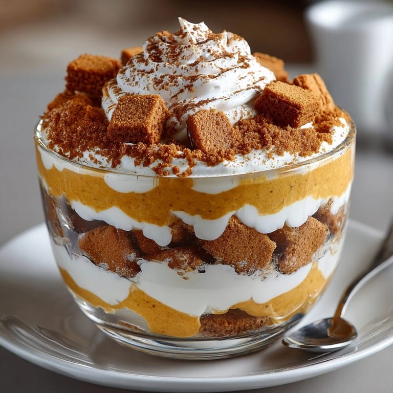 Festive Pumpkin Spice Layered Trifle: See the creamy textures and autumn colors in the dish.