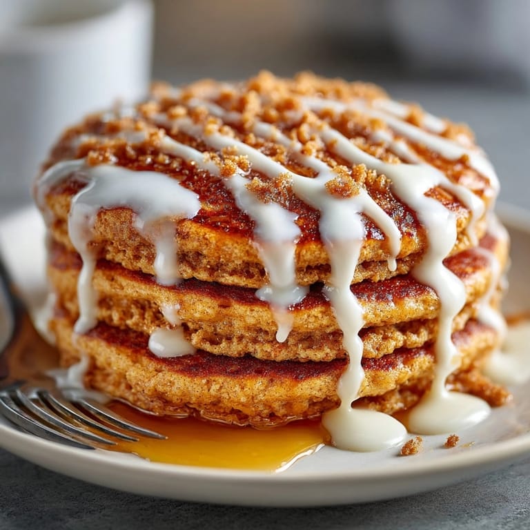 Warm, fluffy gingerbread pancakes with homemade vanilla glaze, a delicious breakfast that smells divine.
