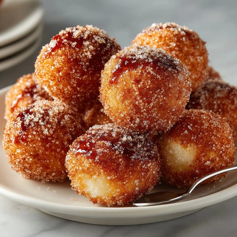 Warm, soft apple cider donut holes plated, hinting cinnamon sweetness, autumnal treat.