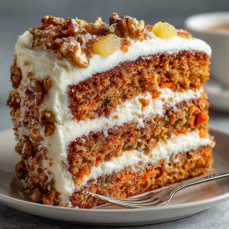 Enjoy a slice of tender Carrot Cake; tangy pineapple-infused cream cheese frosting, a perfect pairing.