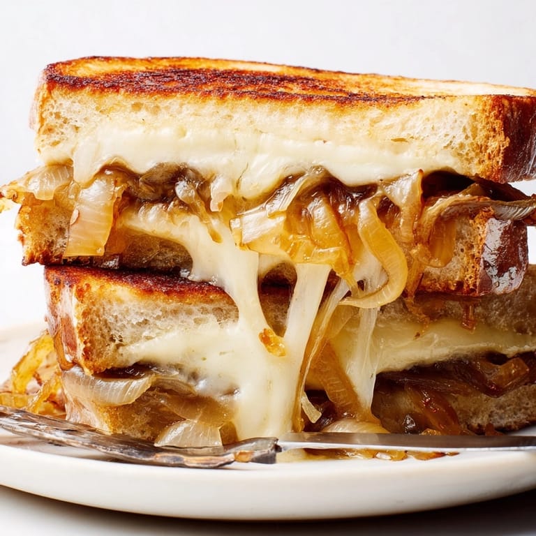 Savory French Onion Grilled Cheese recipe: experience gooey Gruyère and sweet caramelized onions.