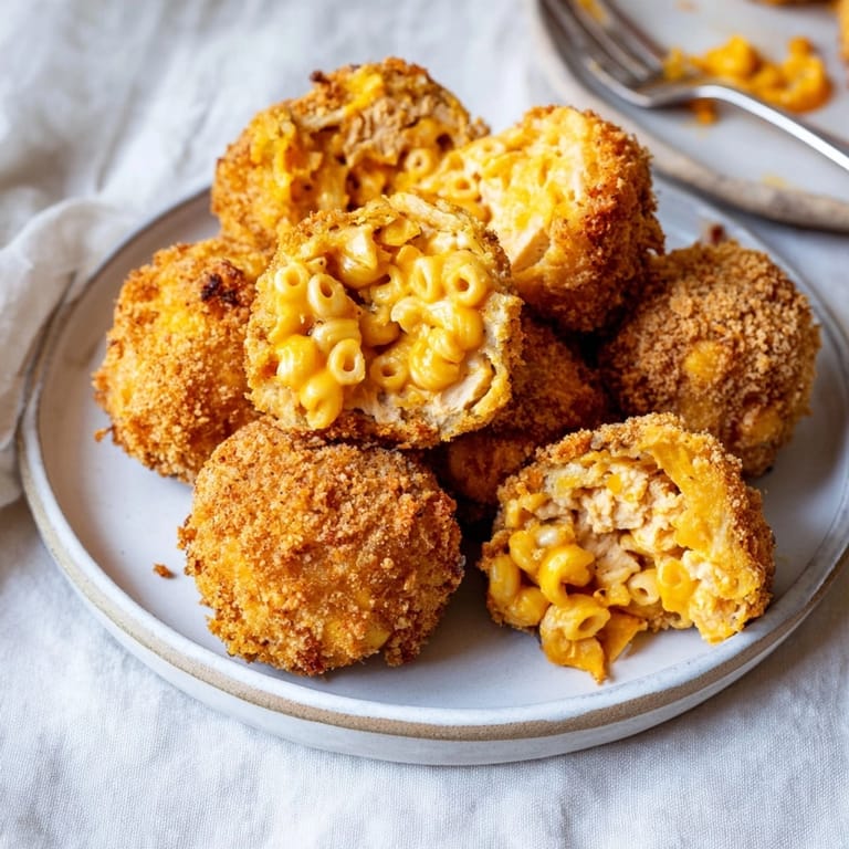Homemade Mac and Cheese Buffalo Chicken Balls cooling&mdash;a savory appetizer for any party.