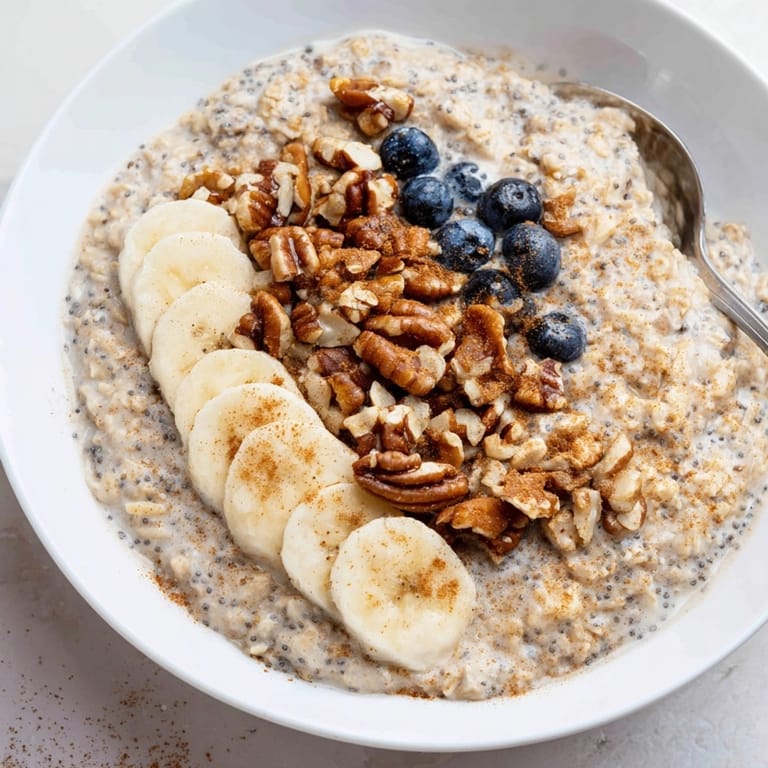 Golden Protein Cinnamon Crunch Oatmeal steaming gently, topped with berries and crunchy nuts.