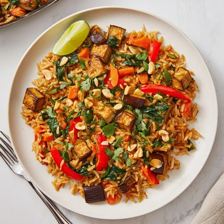 Close-up of the baked Thai Peanut Eggplant Rice Bake, garnished with lime and cilantro.