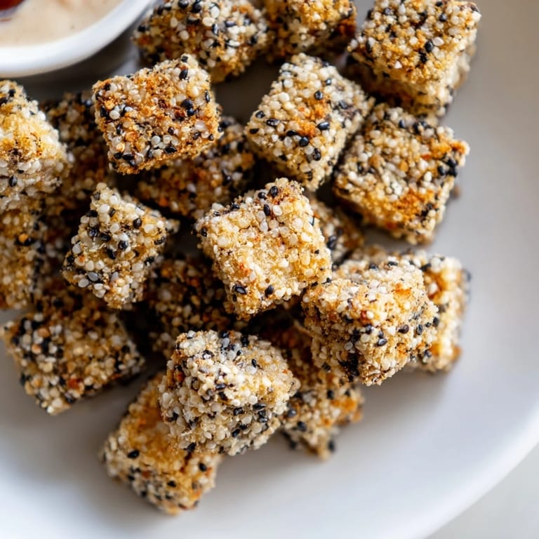Crispy sesame-coated tofu bites, a delectable vegan snack ideal for gatherings.