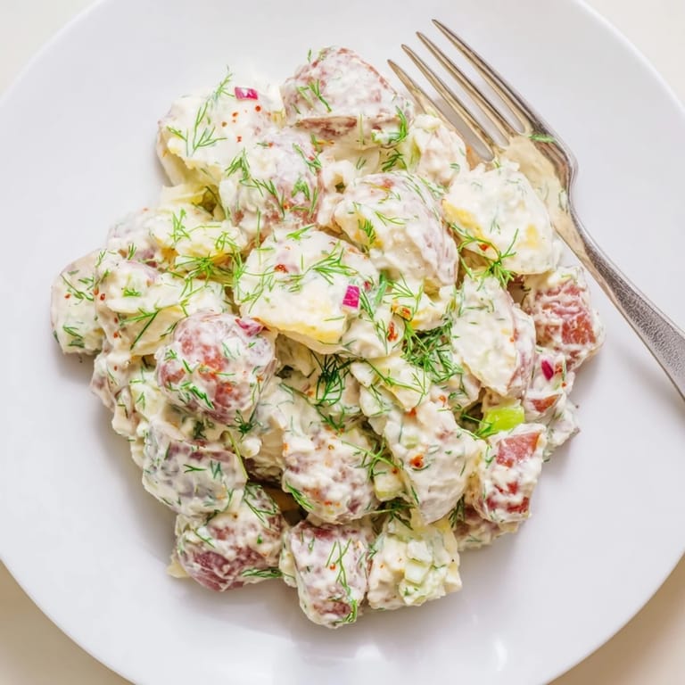 Refreshing and vibrant Spicy Pickle Ranch Potato Salad served chilled, perfect for picnics.  