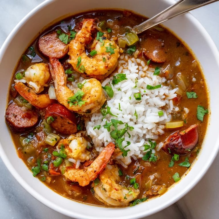 Rich and flavorful Louisiana Seafood Gumbo garnished with green onions and parsley.