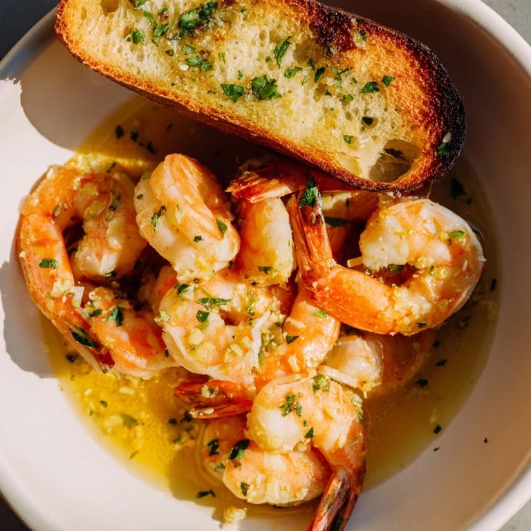 Delicious shrimp scampi bowls drizzled with buttery sauce alongside golden garlic bread.  