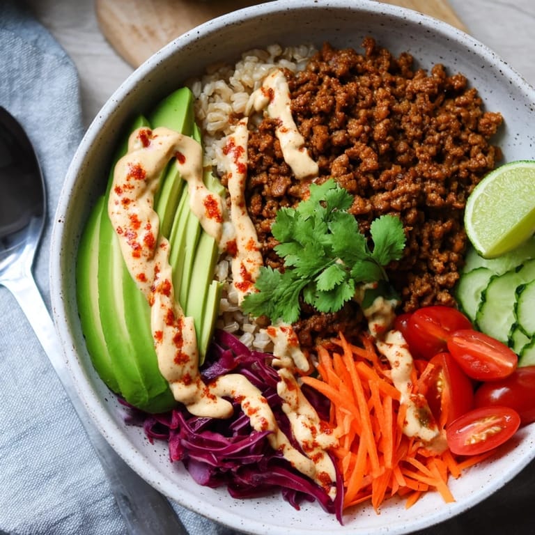 Savory plant-based meat bowl, garnished with avocado and fresh cilantro for flavor.