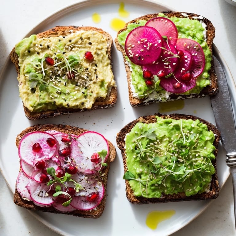 Colorful breakfast toasts with ube halaya, avocado, and garnishes for a delightful meal.  