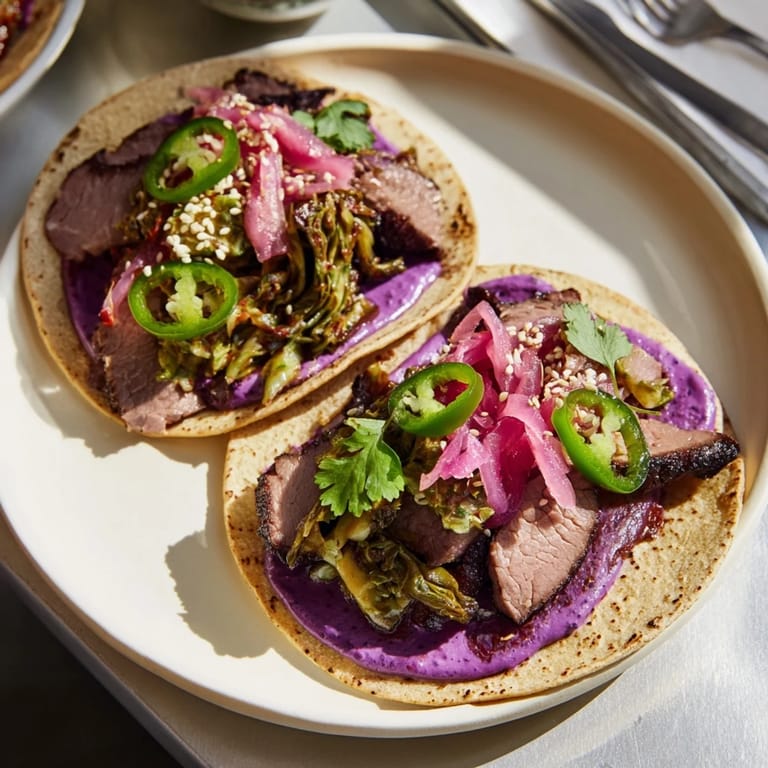 Flavorful Korean bulgogi tacos featuring zesty toppings and creamy ube drizzle for a unique meal.  