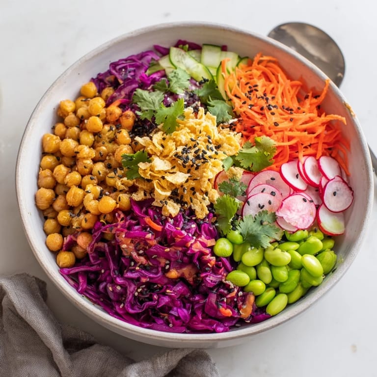 Vibrant ASMR Crunch Snack Bowls topped with roasted chickpeas and crispy goodness.