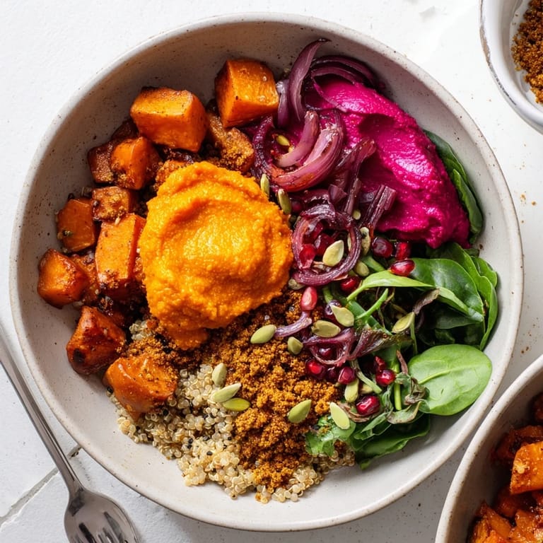 Delicious spiced winter bowls featuring sweet potatoes, pomegranate seeds, and creamy toppings.