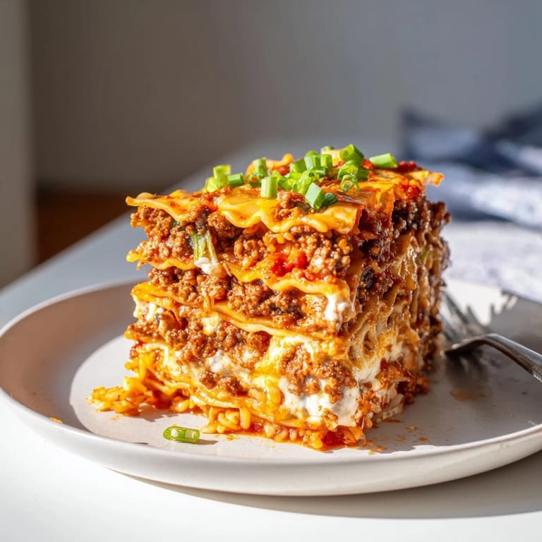 Hearty Spicy Ramen Lasagna baked to perfection, blending rich flavors and textures beautifully.