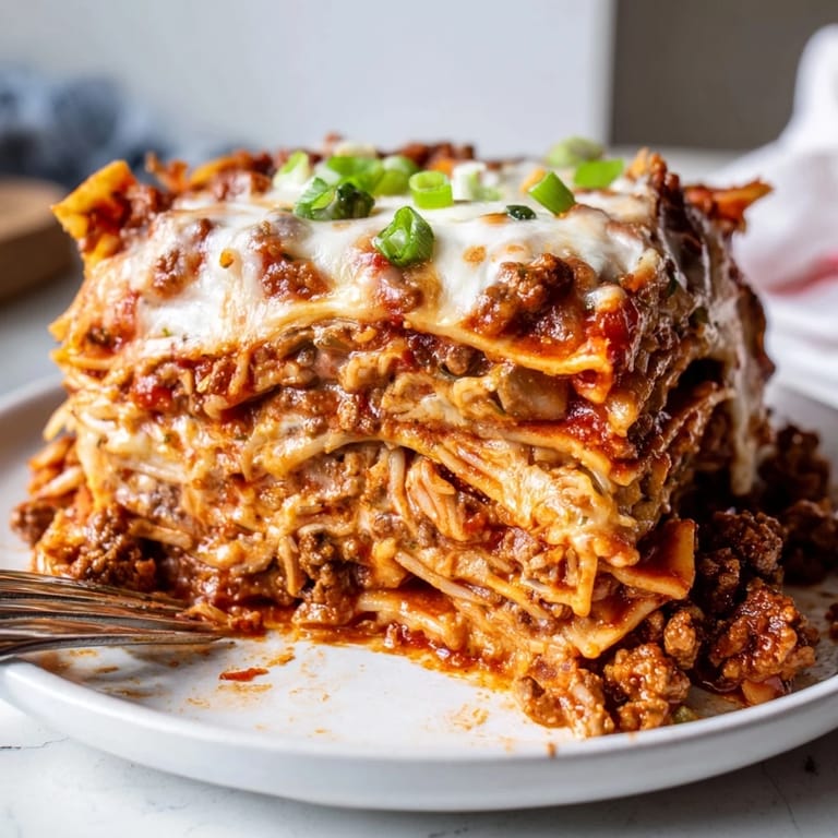 Delicious Spicy Ramen Lasagna, featuring colorful layers and a melty cheese topping.  