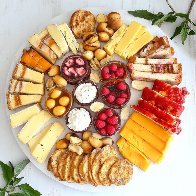 Vibrant brunch board adorned with rich jams, creamy cheeses, and juicy fruits.  