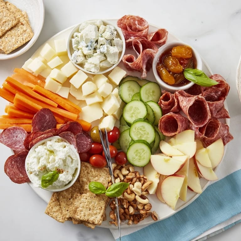 Inviting girl dinner platter brimming with assorted snacks and vibrant garnishes.
