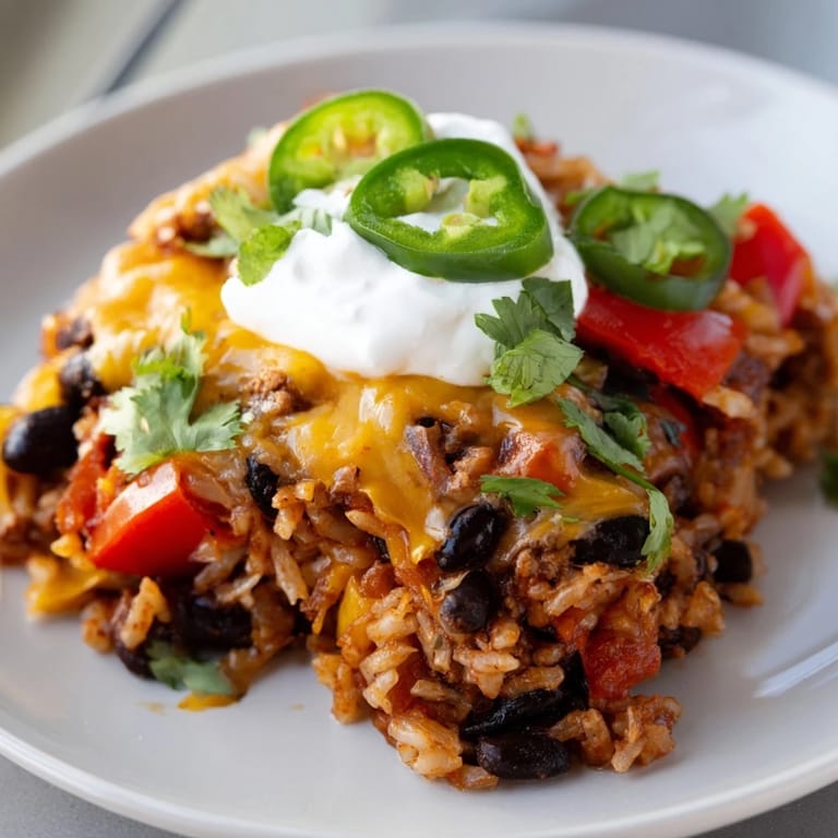 Hearty Tex-Mex Beef & Rice Casserole overflowing with beans, beef, and melted cheese.