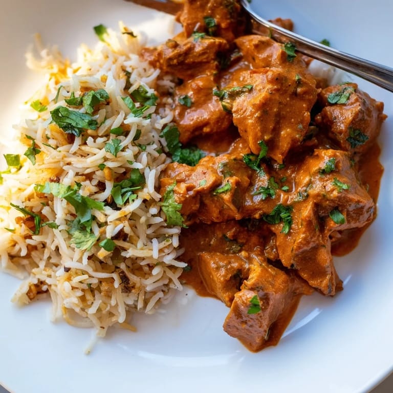 Delicious butter chicken with a velvety sauce, ideal alongside buttery rice pilaf.