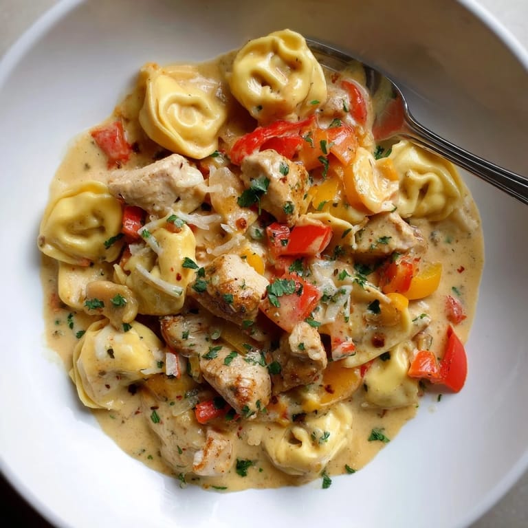 Delicious Zesty Cajun Garlic Parmesan Chicken Tortellini served with crusty bread on the side.