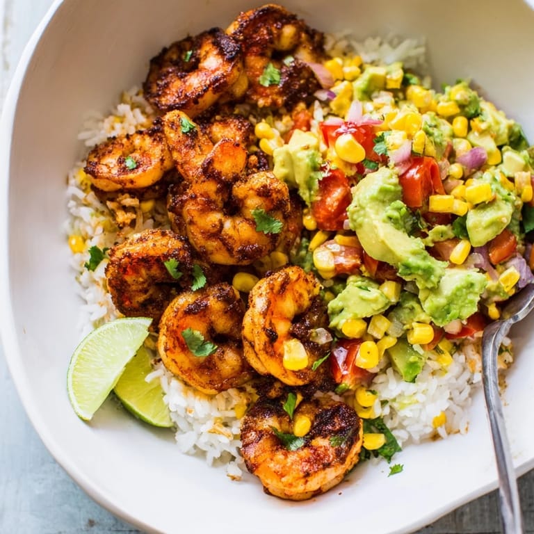 Colorful Easy Grilled Shrimp Bowl served over warm rice with fresh ingredients.  