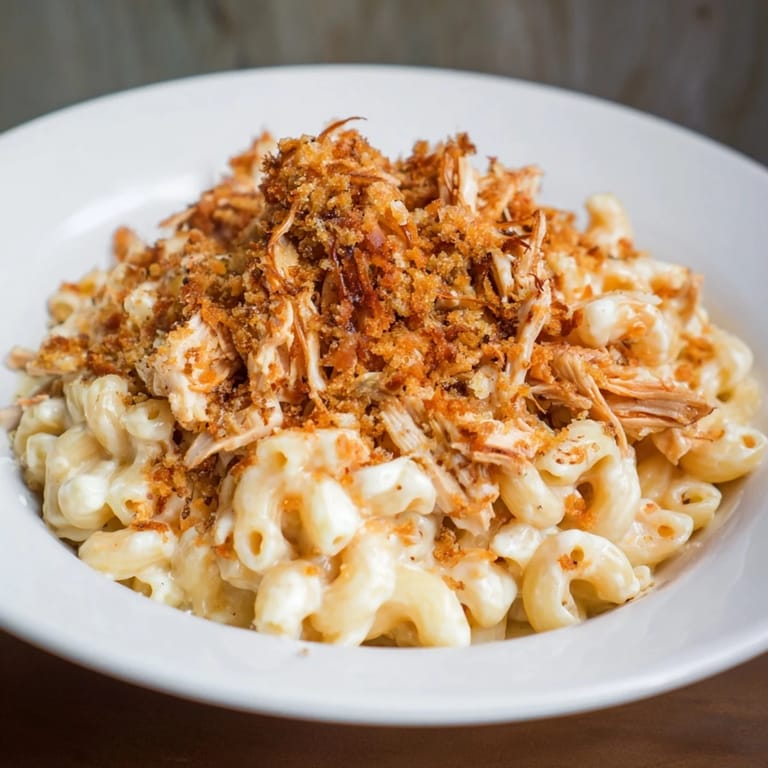 Enjoy the visually rich Classic Mac & Cheese with BBQ Chicken featuring smoky BBQ chicken and creamy macaroni.