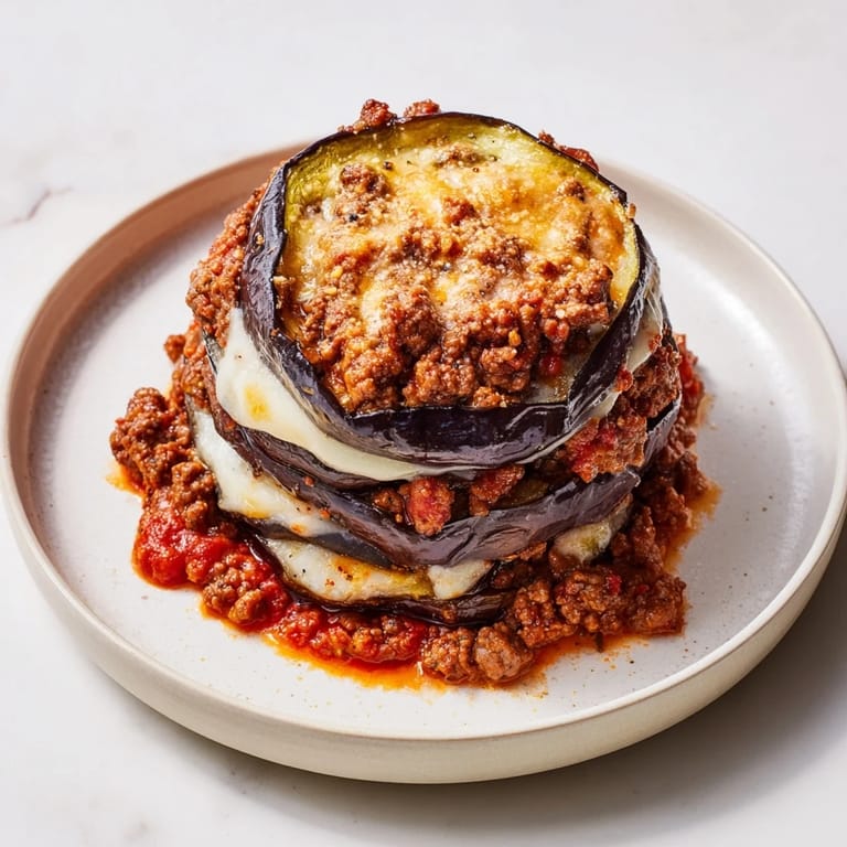 Close-up shot shows a bubbling pan of moussaka, a classic layered Greek dish, ready to eat.