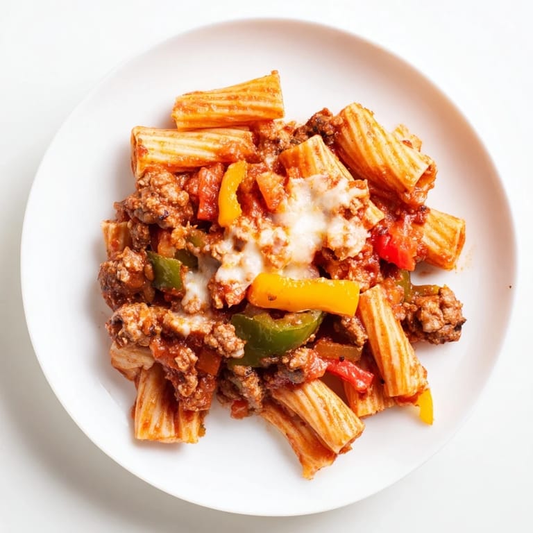 A close-up of a hearty Baked Rigatoni with Sausage & Peppers, its rich tomato sauce and savory ingredients visible.