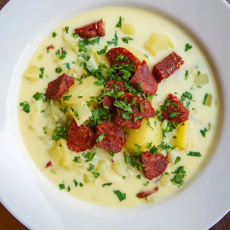 A close-up view of the hearty Potato, Leek & Chorizo Soup, perfect for a cozy dinner.