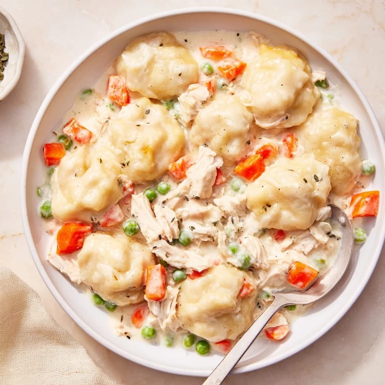 Creamy Chicken and Dumplings Casserole, brimming with vegetables and tender chicken, is baked to perfection.