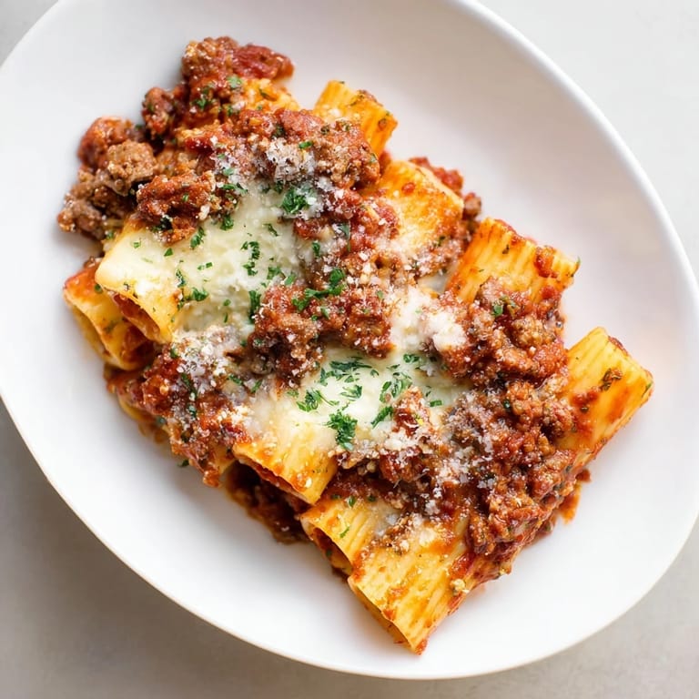 A beautiful casserole image: steaming Baked Ziti with Meat Sauce, topped with golden-brown, bubbly cheese.